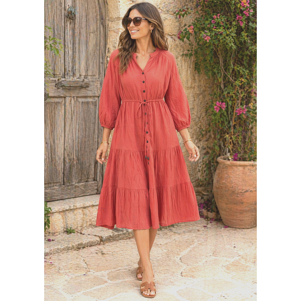 Coral Good Hart Cotton Button-front Tiered boho Cottagecore Dress relaxed Sz-M